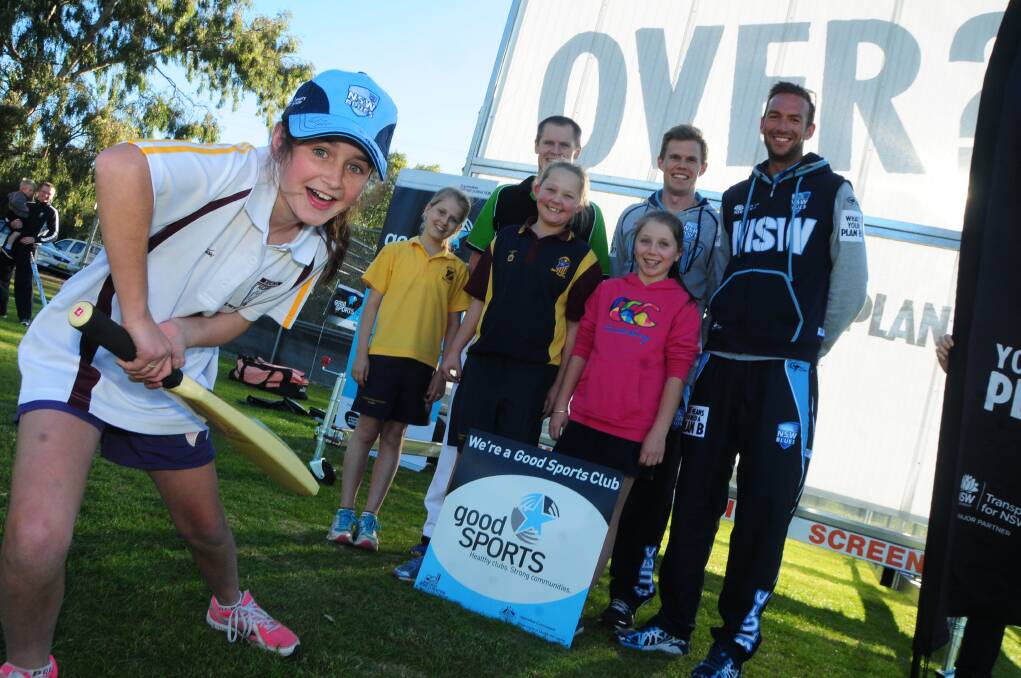 Back (L-R) Julia Dickerson, Mayor Mathew Dickerson, Scott Henry and Trent Copeland with (middle) Charlotte Harper, Jille Rose and (front) Harriet Graham at Lady Cutler Oval on Thursday. 	Photo: Louise Donges