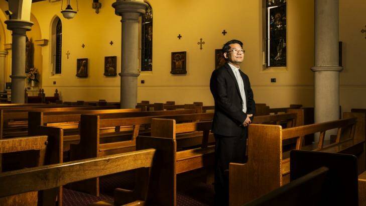 The new Bishop of Parramatta Vincent Long Van Nguyen in Mary MacKillop Chapel in North Sydney. Bishop Long was a Vietnamese refugee who arrived in Australia after a perilous boat journey. Photo: Nic Walker 