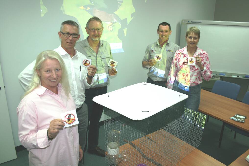 Members of the newly-created Central West Indian Myna Bird Action Group are Dunedoo, Coolah Landcare Co-ordinator Marie Hensley, Lynton Auld from Dubbo City Council, John McCrea from the Cudgegong Field Naturalists, Peter West from Invasive Animals Cooperative Research Centre (Department of Primary Industry) and Janice Hosking from the Dubbo Field Naturalist and Conservation Society.  
Photo: CONTRIBUTED