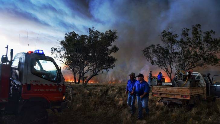Farmers battle a fire that started with a lightning strike near a larger blaze west of Cassilis. Photo: Nick Moir