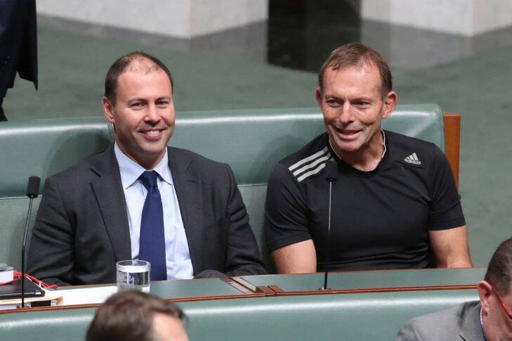 Minister Josh Frydenberg and Tony Abbott during a vote moved by the Opposition to put the question that Banking and Financial Services Commission of Inquiry Bill be debated in August at Parliament House in Canberra on Thursday 15 June 2017. Photo: Andrew Meares 