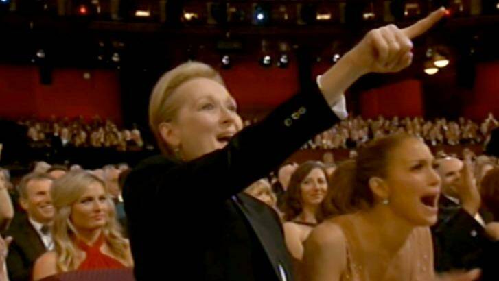 Meryl Streep shouts 'yes' to Patricia Arquette during her stirring acceptance speech.