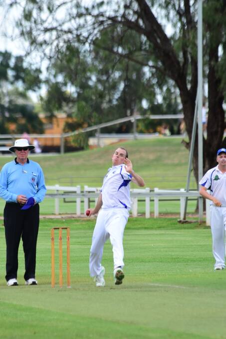 Jeremy Dickson was among the Macquarie bowlers to get wickets on Saturday but it mattered little as Colts took first innings points against the Blues.  
Photo: BROOK KELLEHEAR-SMITH