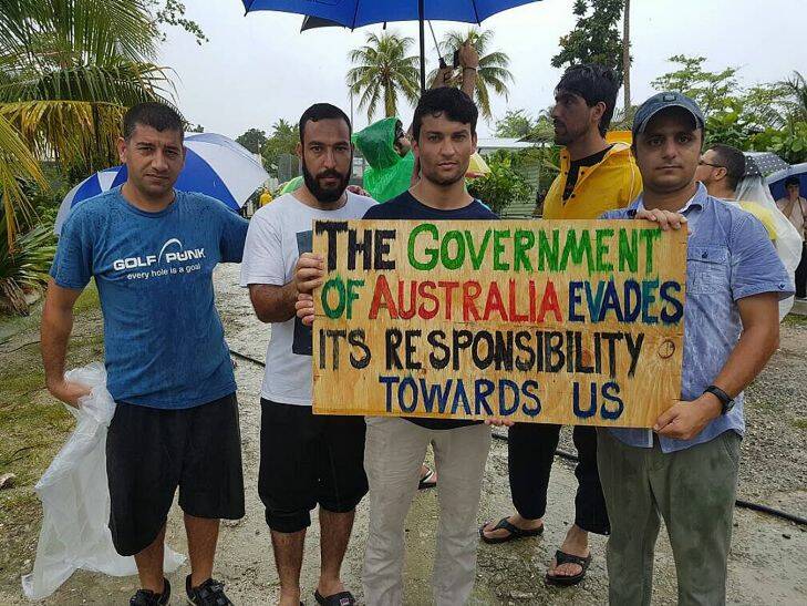 Supplied undated image obtained Wednesday, October 26, 2017 of refugees and asylum seekers during a protest at the Manus Island immigration detention centre in Papua New Guinea. A Human Rights Watch report released before the detention centre's closure details claims that refugees have been robbed and stabbed on Manus Island. (AAP Image/Human Rights Watch) NO ARCHIVING, EDITORIAL USE ONLY