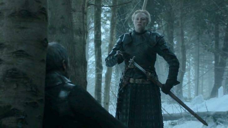 Not looking good ... Brienne of Tarth draws her sword before the defeated Stannis Baratheon at the end of Game of Thrones season 5. Photo: YouTube