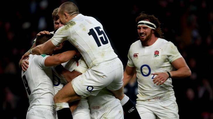 Ben Youngs celebrates with his teammates. Photo: Mike Hewitt