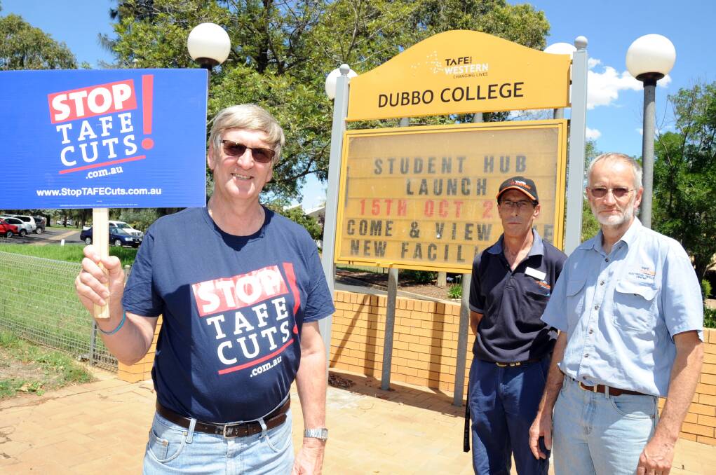 Tafe Western Dubbo campus Teachers Federation representative Phil Ward, vehicle trades teacher Greg Egan and electrical teacher Alan Powell are strongly opposed to job losses at TAFE Western. 
Photo: BELINDA SOOLE