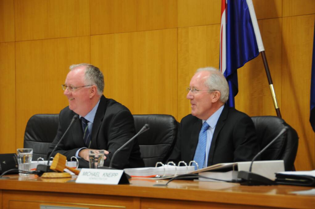 Western Plains Regional Council interim general manager Mark Riley and administrator Michael Kneipp at the first meeting of the merged entity.                                                  Photo: ORLANDER RUMING