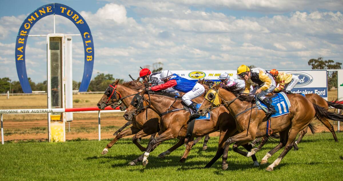 Dubai Bullet holds off a wall of rivals to claim victory in the Alan Lloyd Memorial Cup (1600m) at Narromine on Monday.  
Photo: JANIAN McMILLAN (www.racingphotography.com.au)