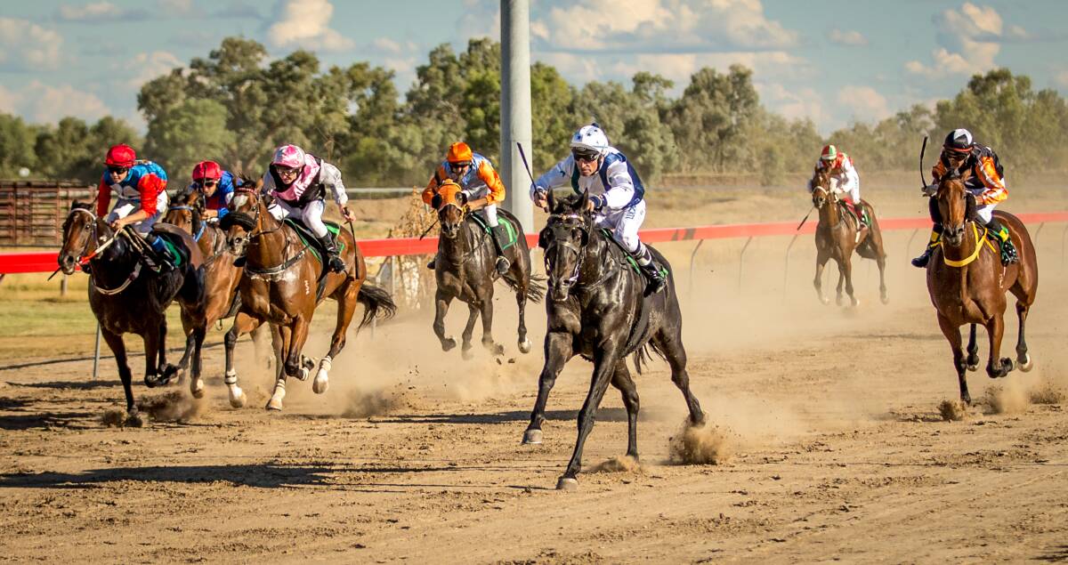Alan Barton guides Centabeel (blue and white silks) to victory in the Harry Hart Memorial Picnic Cup at Bourke on Sunday.  
Photo: JANIAN MCMILLAN (www.racingphotography.com.au)
