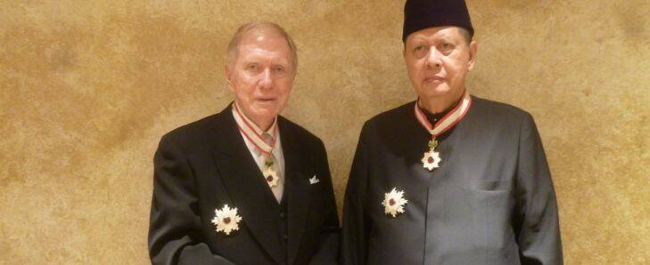 Former High Court Judge and UN human rights inquiry chair Michael Kirby, left, with fellow inquiry member Marzuki Darusman after they were conferred with the Order of the Rising Sun, Gold and Silver Star. Source: supplied for THE AGE WORLD 17th May 2017 Photo: Supplied