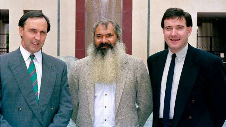 Then chairman of the Council for Aboriginal Reconciliation Patrick Dodson (centre), with Prime Minister Paul Keating and Minister for Aboriginal and Torres Strait Islander Affairs Robert Tickner in February 1992.  Photo: National Archives of Australia