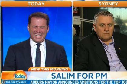Still from the Today show showing Karl Stefanovic and Ray Hadley reacting to Salim Mejaher's announcement he wants to one day be Australian prime minister. Photo: Channel Nine