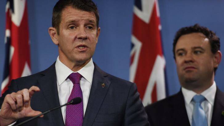 Premier Mike Baird and Sports Minister Stuart Ayres in September when they announced $1.6 billion in funding for stadiums over the next 10 years. Photo: Nick Moir