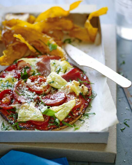 Pete Evans's gluten-free ham and pineapple pizza <a href="http://www.goodfood.com.au/good-food/cook/recipe/glutenfree-ham-and-pineapple-pizza-20140203-31vx0.html"><b>(recipe here).</b></a> Photo: Supplied