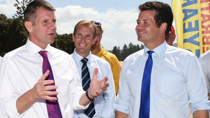 Premier Mike Baird with The Entrance Liberal candidate Michael Sharpe, right, who is battling to win the seat. Photo: Brendan Esposito