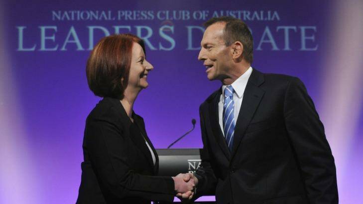 Julia Gillard and Tony Abbott at the National Press Club in 2010. Photo: Alan Porritt