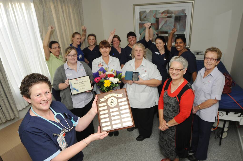 Dubbo Hospital Nurse of the Year Sue McNicol holds the plaque that now bears her name. She is part of the G Ward team which gathered to congratulate her after taking out the Western NSW Local Health District's Nursing Team of the Year title yesterday. They include (front, from left) Tenika McLean, Gail O'Brien, Kay Simpson, Charlotte Orchard and Annette Noonan.