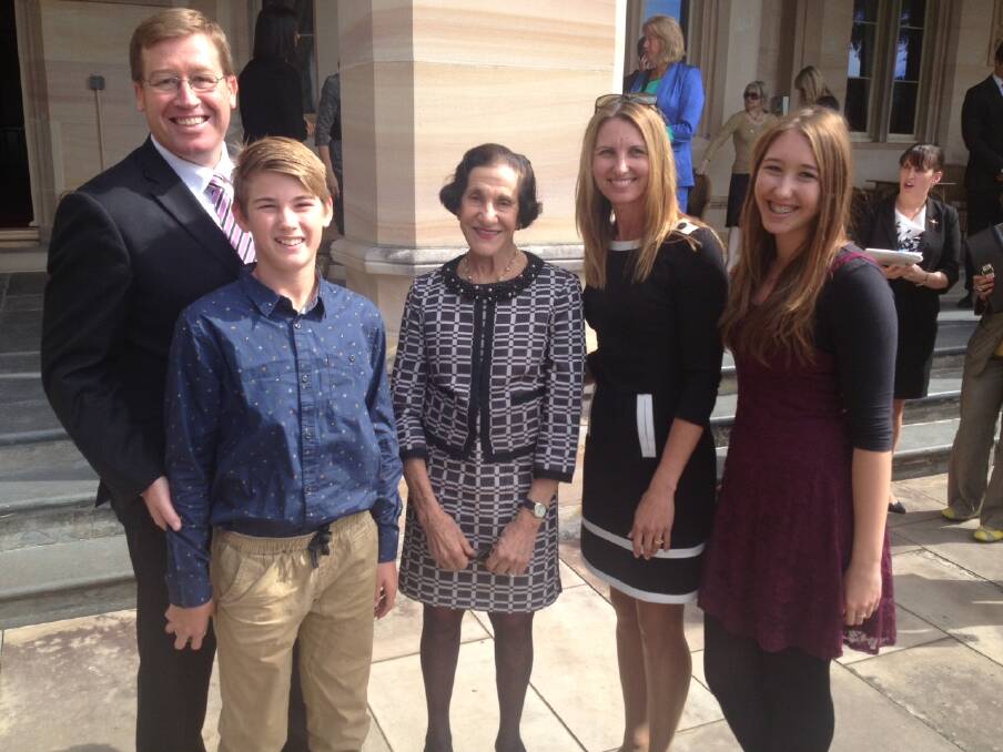 Dubbo MP Troy Grant with his son Hamish, wife Toni and daughter Taylor and Her Excellency Professor the Honourable Marie Bashir AC CVO, the NSW Governor.