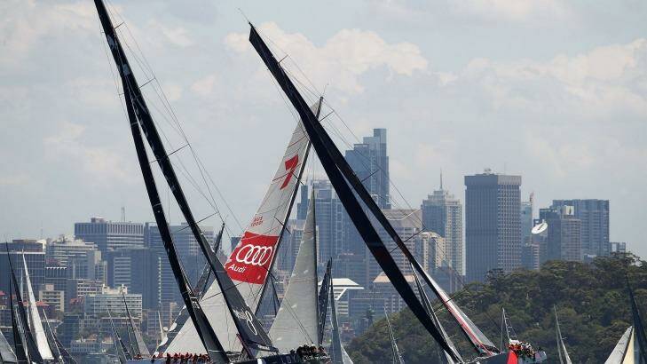 Perpetual Loyal vies with Wild Oats XI and Scallywag at the race start. Photo: Brendon Thorne