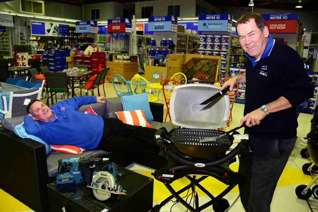 Michael Brennan and David Haywood show off some of the items that would be great for Father's Day at Brennans Mitre 10 on Wednesday. 													            
Photo: BELINDA SOOLE