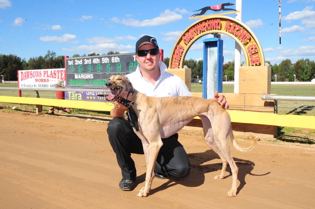 Fancy Lola with Chris Spratt after winning a heat of the Peg and Bill Miller Memorial Series (516m) at Dubbo on Thursday.	Photo: BELINDA SOOLE