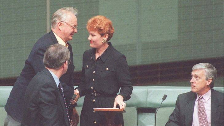 Flashback: Ms Hanson in 1996 - then an independent MP in the lower house - is congratulated after her maiden speech. Photo: Andrew Meares