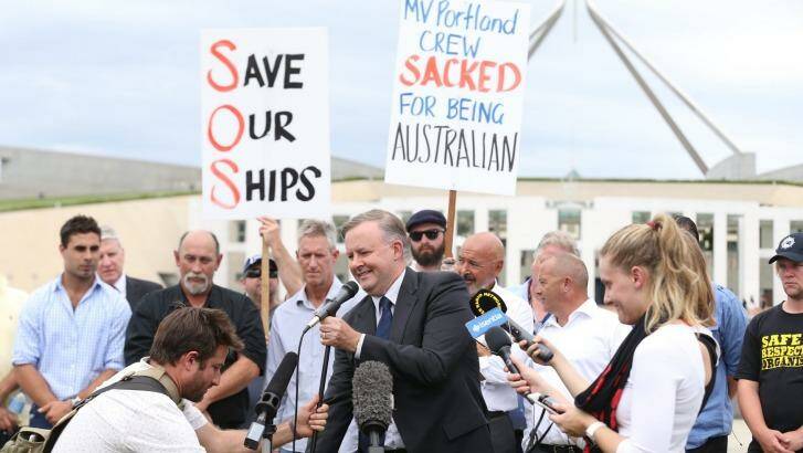 Anthony Albanese addressed the former crew of the MV Portland at a union 'jobs embassy' rally outside Parliament House. Photo: Andrew Meares