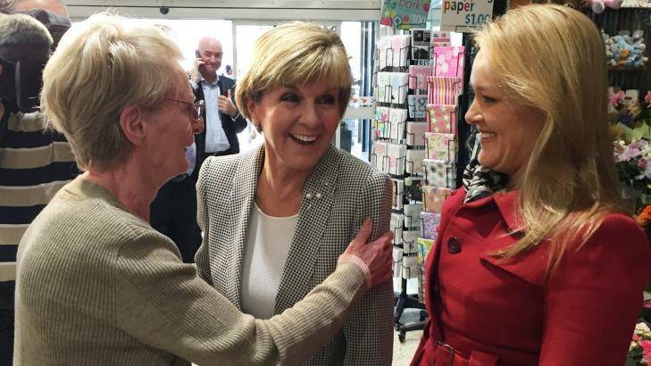 Foreign Minister Julie Bishop warmly received by Penrith residents during a walk-through of Nepean Village shopping centre, with Lindsay MP Fiona Scott. Photo: Krystyna Pollard.
