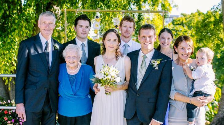 Roger (left) and Jill (holding child) Guard on their son 
Paul's wedding day. Amanda is on Paul's left, while David is at the rear next to Roger. Photo: Supplied