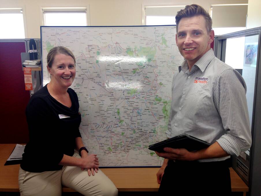Marathon Health's Primary Health Services manager Shellie Burgess and clinical services manager Bryan Hoolahan show the more than 30 communities in Western NSW benefiting from growth in its ranks. 								 Photo: Contributed