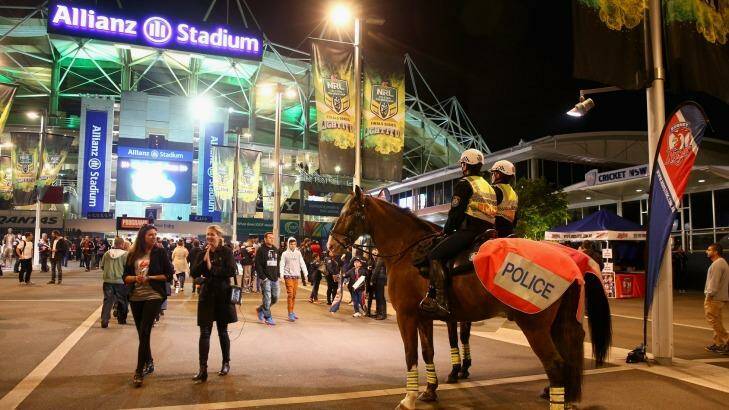 Increased surveillance: Mounted Police monitor spectators arriving at the 1st NRL Semi Final match at Allianz Stadium. Photo: Cameron Spencer