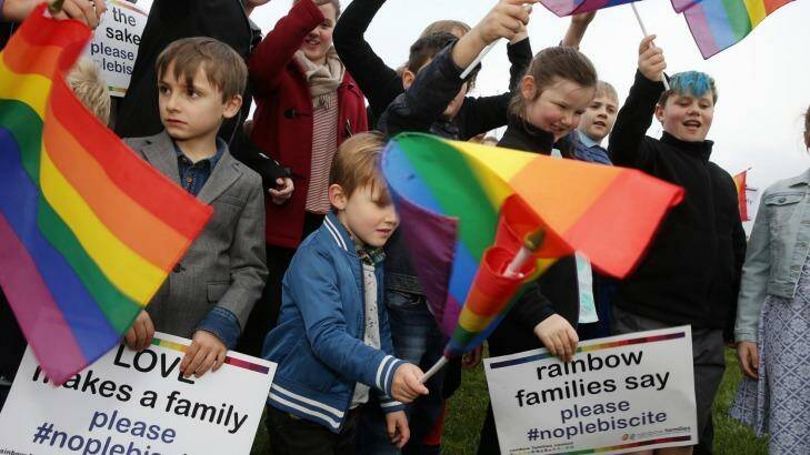 Families opposed to a plebiscite on same-sex marriage rally outside Parliament earlier this month. Photo: Andrew Meares