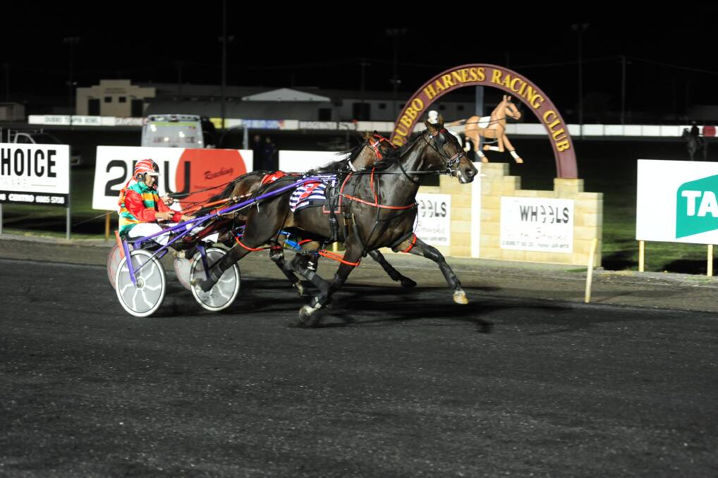 Bernie Hewitt crosses the line on board Big On Bling earlier this month. The Dubbo Harness Racing Club is gearing up for a bumper month of racing. 	Photo: Belinda Soole