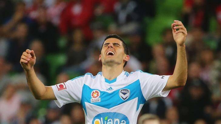 Tomas Rogic of Melbourne Victory reacts after missing a shot at goal during the round 21 A-League match against  Melbourne Heart at AAMI Park on March 1, 2014. Photo: Scott Barbour
