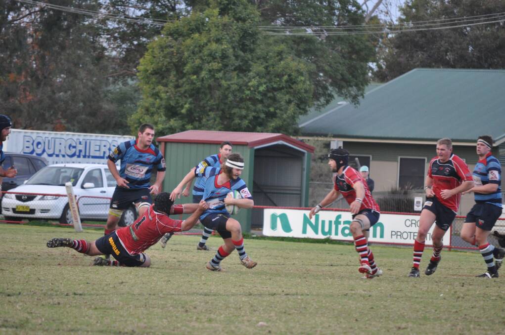 Tom Symonds tries to break through the Narromine defence. He was one of five try scorers on Saturday. 	Photo: Nick Guthrie