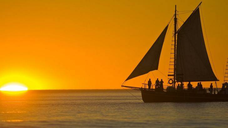 Pearl lugger at sunset off Cable Beach, Broome. Photo: Tourism Western Australia