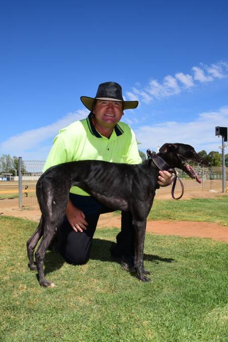 Neil Hudson with Firebee after her win at Dawson Park yesterday.