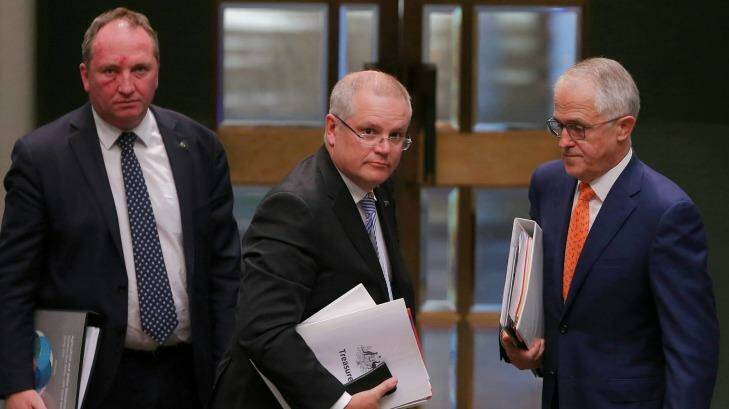 Deputy Prime Minister Barnaby Joyce, Treasurer Scott Morrison and Prime Minister Malcolm Turnbull. Photo: Alex Ellinghausen
