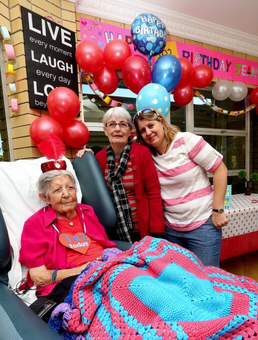 Sylvan Woods Nursing home resident, Jean Kerim turns 102 with her daughter Jenny Spilstead of Cairns and Granddaughter Kelly Spilstead of Alexandra Hills. Pics By Stephen Archer.