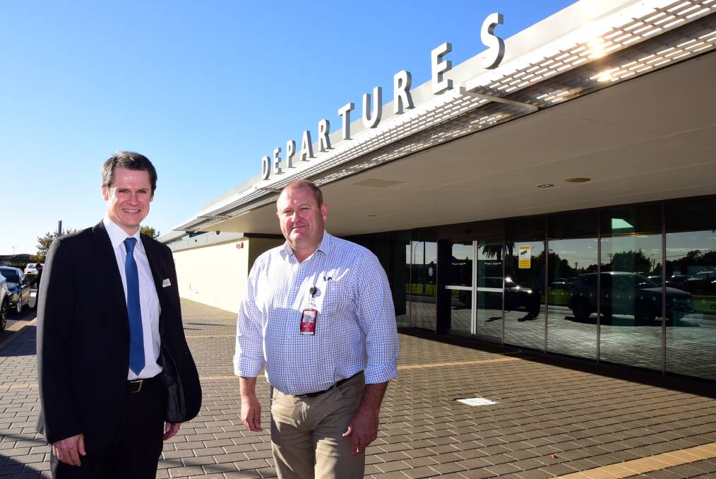 Dubbo Mayor Cr Mathew Dickerson and Dubbo City Regional Airport operations manager Lindsay Mason are excited about a plan to make more hangar space available at the airport which they believe will help the city grow. 													    Photo: BELINDA SOOLE