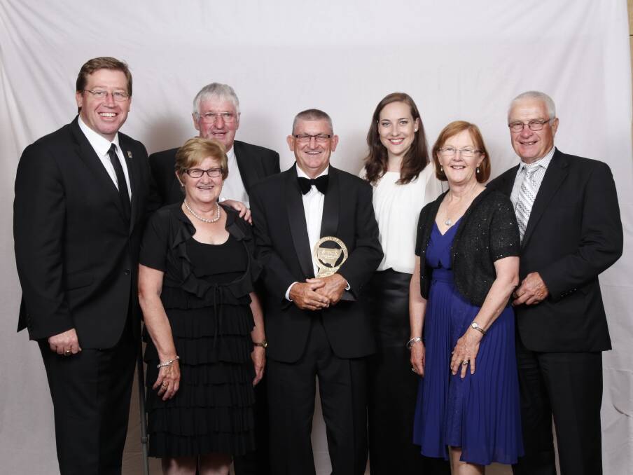 NSW deputy premier Troy Grant with John and Jan Lew, Jeff Costello, Kim Costello and Lyn and Chris Edwards at the Harness Racing NSW awards night. 													        Photo: EVENT PIX