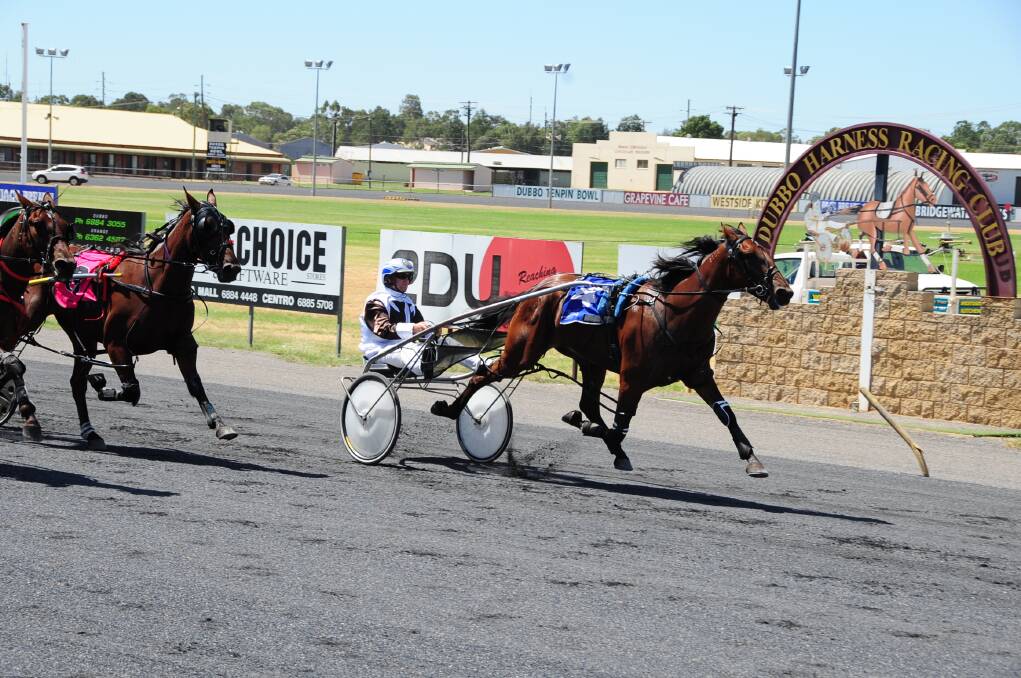 Mat Rue goes past the post onboard Karloo Damajor to win the Daily Liberal Two Year Old Pace (1720m) at Dubbo Paceway yesterday.  
Photo: HANNAH SOOLE