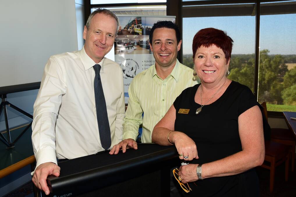 Tabcorp CEO David Attenborough with Dubbo Chamber of Commerce and Industry President Matt Wright and Membership Officer Toni Beatty. 						       Photo: BELINDA SOOLE