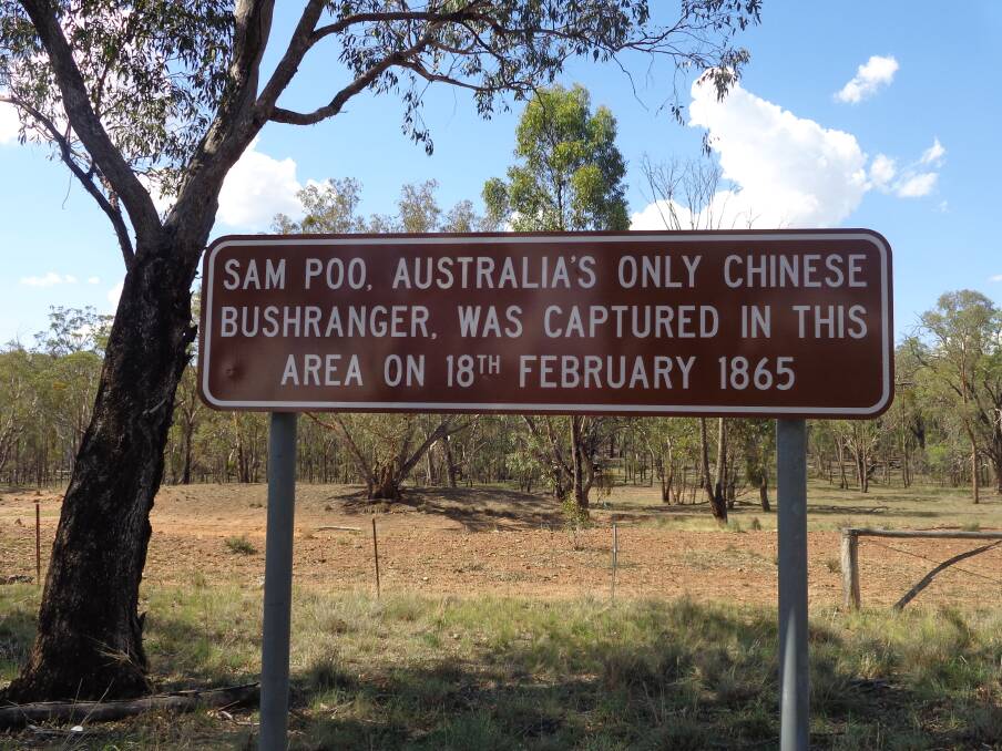 A roadside sign on the Golden Highway between Dubbo and Dunedoo marks the site where bushranger Sam Poo was captured on February 18, 1865. 						 Photo: JON CROSBY