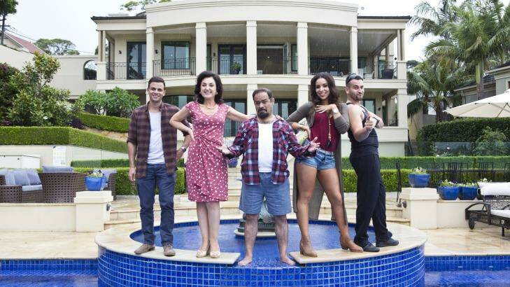 Tyler De Nawi (as Elias), Camilla Ah Kin (Mariam), Michael Denkha (Fou Fou), Kat Hoyos (Layla) and  Sam Alhaje get the neighbours talking in Here Come the Habibs. Photo: Channel Nine