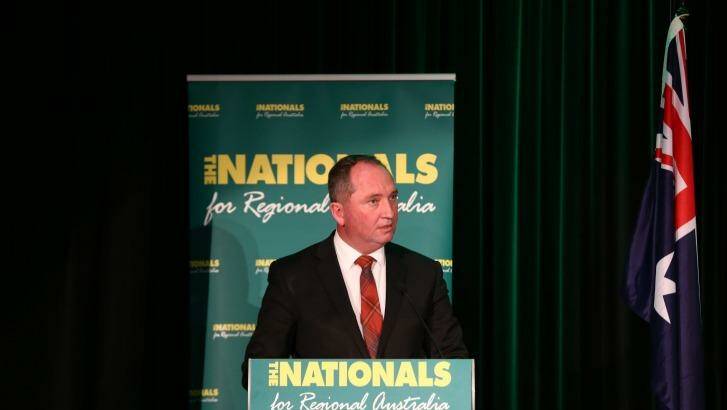 Agriculture Minister Barnaby Joyce at the Nationals federal conference in Canberra on Saturday. Photo: Alex Ellinghausen