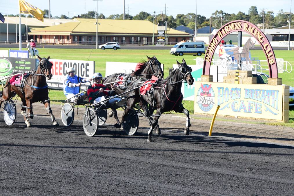 Mat Rue leads Blackmagic Shannon to the first of his three victories at Dubbo Paceway on Sunday. 							Photo: BROOK KELLEHEAR-SMITH