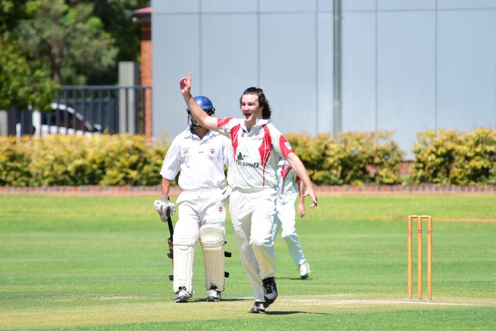 Sean Mason celebrates one of his four wickets for Colts during his side's win over Newtown.  
Photo: CHERYL BURKE