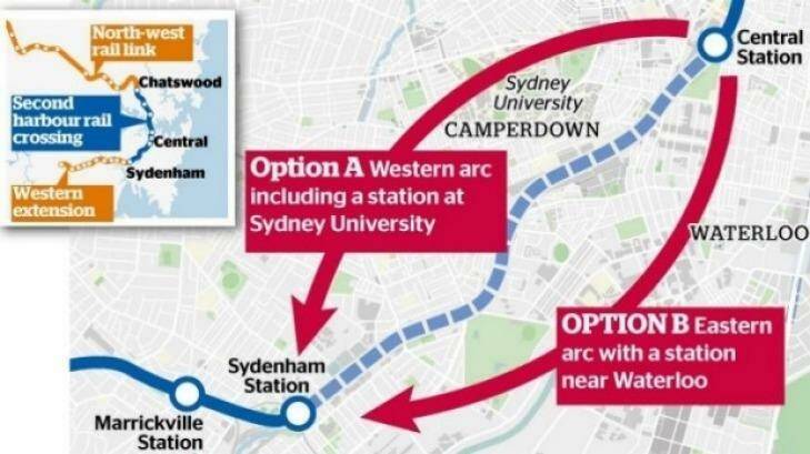 Two options for the second harbour rail crossing, with stations at either Sydney University or Waterloo